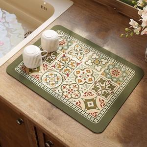 Coffee Mat, Boho Style Dish Drying Mat, Fast Water Absorption, Hide Stains, Easy to Clean, Fit Coffee Bar Accessories, Bar Mats for Countertop (12"x19", Green)