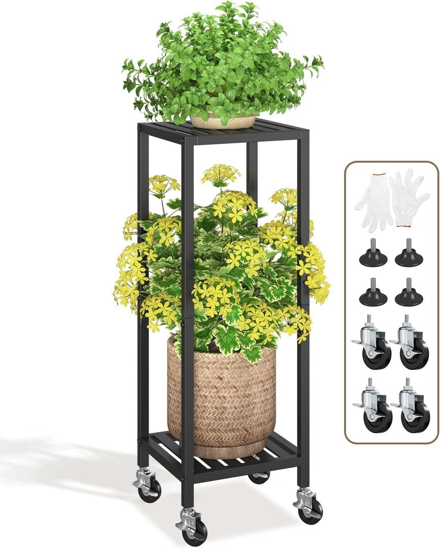 LASZOLA 2 Tier Black Metal Plant Stand Indoor Outdoor with Wheel for Large Planter, Modern Heavy Duty Tall Rolling Rack for Corner House Bathroom Patio Floor, Iron Flower Shelf Holder for Orchid Fern (26-34 inch)