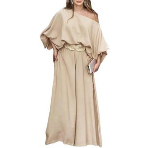 CHICME Women Summer 2 Piece Outfits Off Shoulder Top Flowy Wide Leg Pants Set Vacation Travel Airport Outfits XL