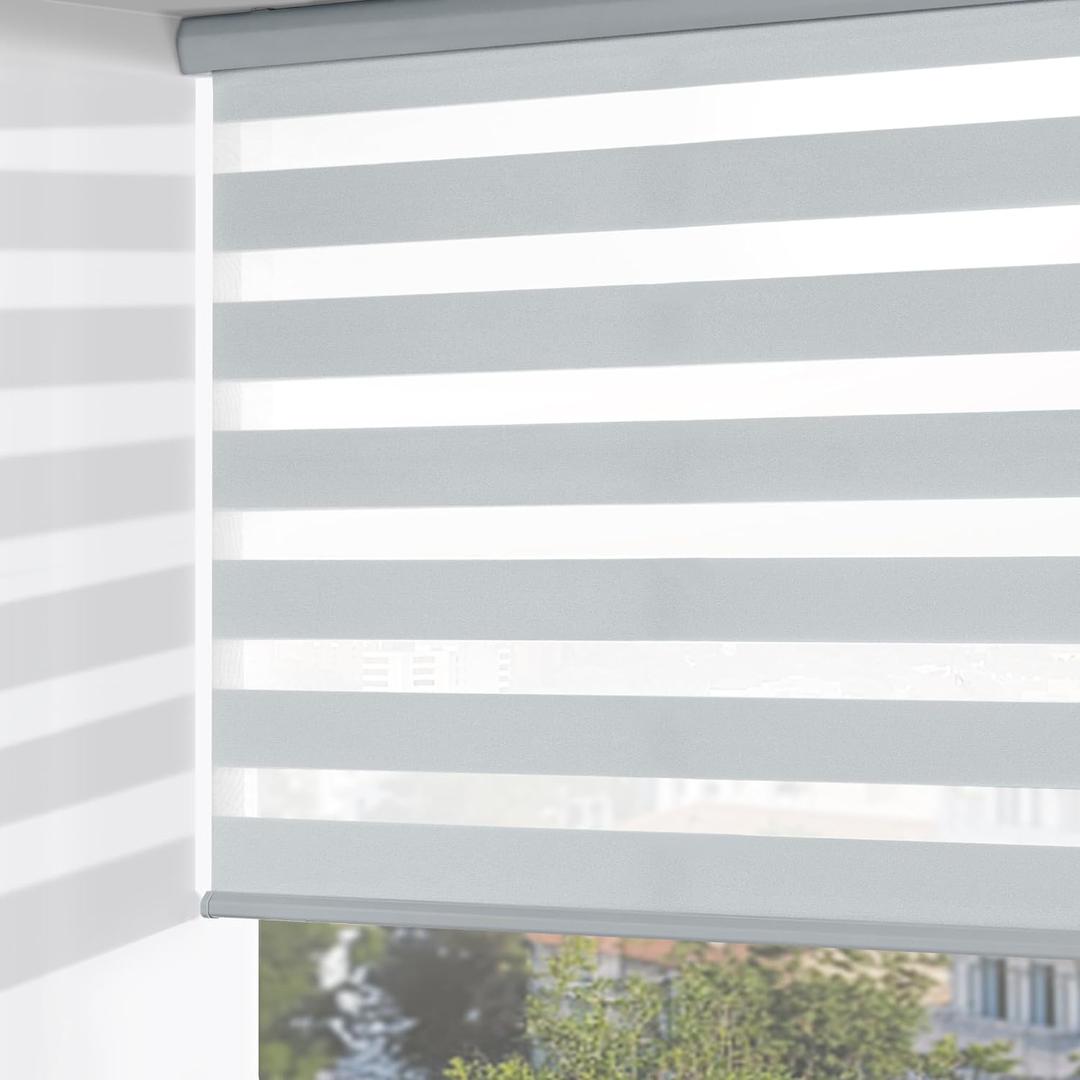 ChrisDowa Cordless Zebra Blinds for Windows, Dual Layer Free-Stop Light Filtering Window Roller Shades, Pull Down Privacy Zebra Shades for Home, Office, Bedroom, Door (44" W x 72" H, Light Grey)