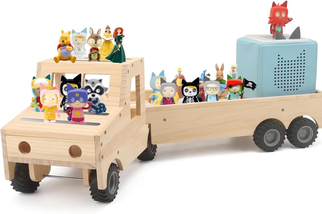 Storage & Play Car for Toniebox 2/1 and Tonie Figures Storage Shelf (Wooden Trailer), Magnetic Shelves Compatible with Tonie Box Player Character for Children Room (Natural, Wooden Trailer)