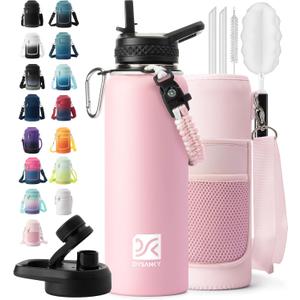 DYSANKY Insulated Water Bottle | Thickened Stainless Steel Vacuum Metal | Portable Sports Water Jug for Gym and Hiking with Straw, Carrier Bag, Handle Strap | BPA-Free 40 oz, Pink