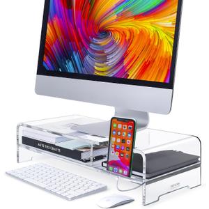 BEYGORM Acrylic Monitor Stand for Full Keyboard, 20" Wide 2-Tier Riser with Storage Shelf and Phone Holder, Desktop Organizer for Laptop, Printer, Screen (Clear)