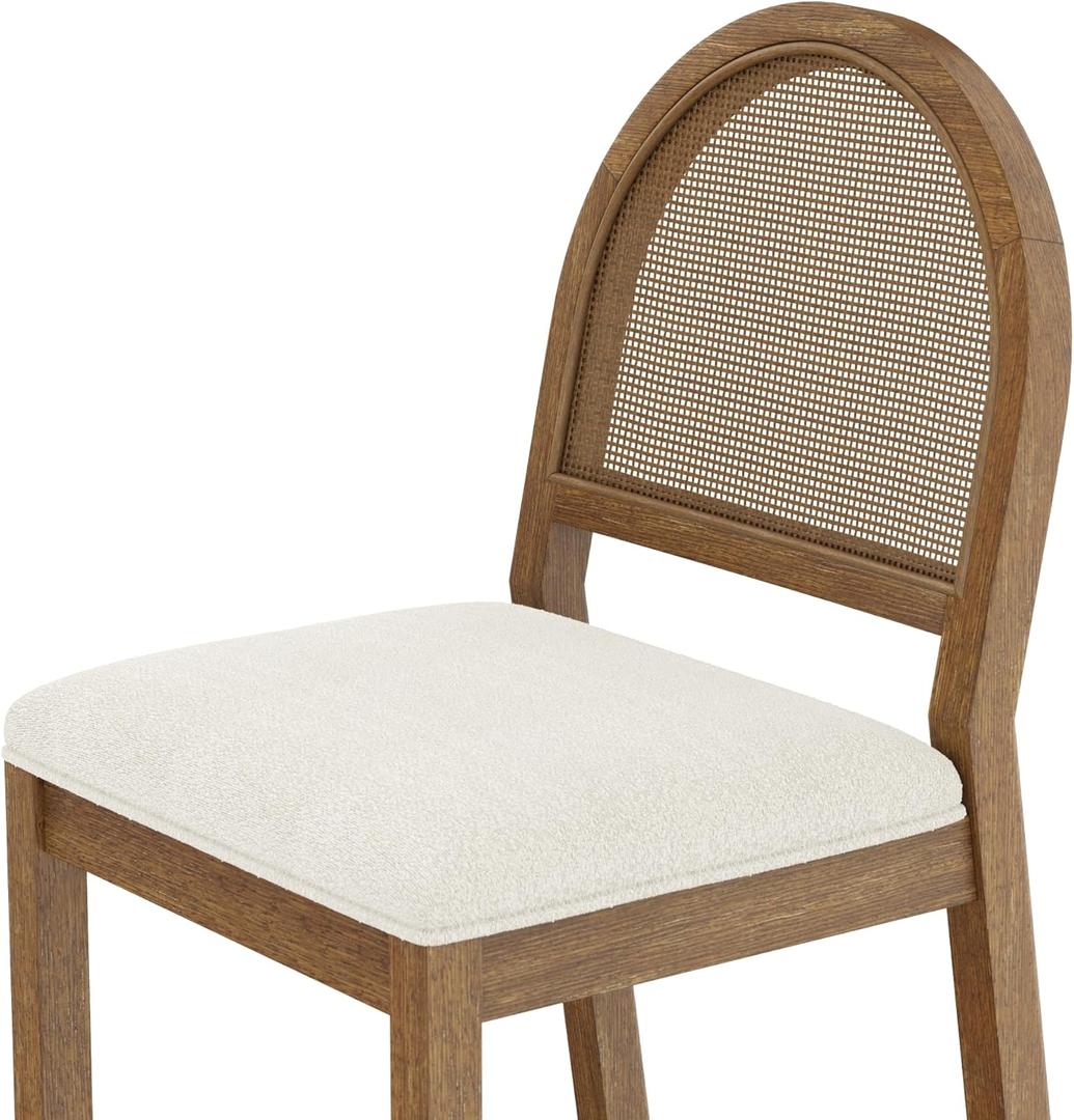 Nathan James Bailey 19 in. Boucle Dining Chair, Upholstered Side Chair with Natural Woven Rattan Back and Solid Wood Legs, Light Brown