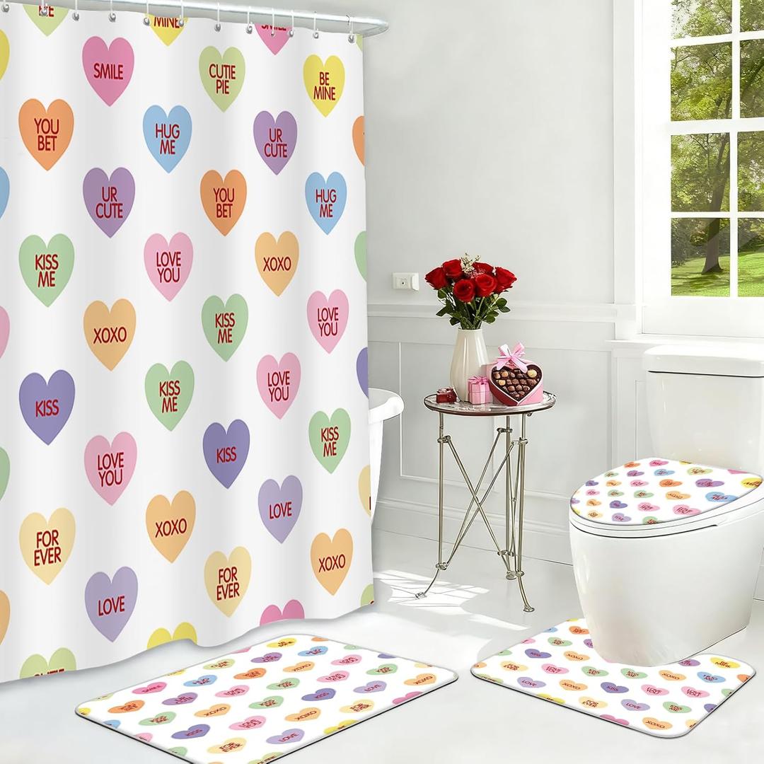 MEHOFOND 4pcs Valentines Shower Curtain Set Colorful Conversation Hearts Shower Curtain Sets for Valentine Heart Candy Bathroom Decor Curtains with Non-Slip Rugs Toilet Lid Cover and Bath Mat