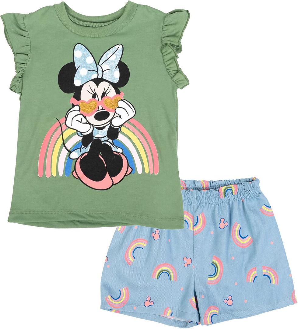 Disney Minnie Mouse Rainbow Floral T-Shirt and Chambray Shorts Outfit Set Infant to Big Kid Sizes (12 Months - 14-16) (Green)