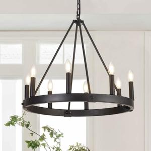 8 Lights Farmhouse Wagon Wheel Chandelier, D24" Black Round Chandeliers for Dining Room, Modern Industrial Kitchen Island Pendant Light Fixtures for Foyer Living Room Entryway Bedroom, E12 Socket
