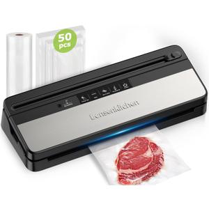 Bonsenkitchen Vacuum Sealer Machine, Multi-Functional Food Sealer, Built-in Cutter & Bag Storage, High-Speed Continuous Working, Include 50 Vacuum Bags & 1 Roll Bag, Black-Silver