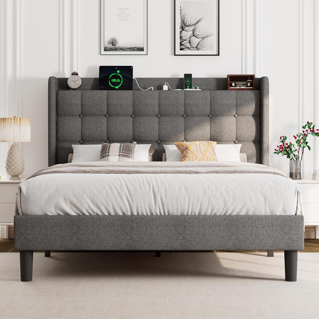 Queen Bed Frame, Upholstered Platform Bed with Charging Station, Modern Wingback Storage Headboard, Solid Wood Slats Support, No Box Spring Needed, Dark Gray