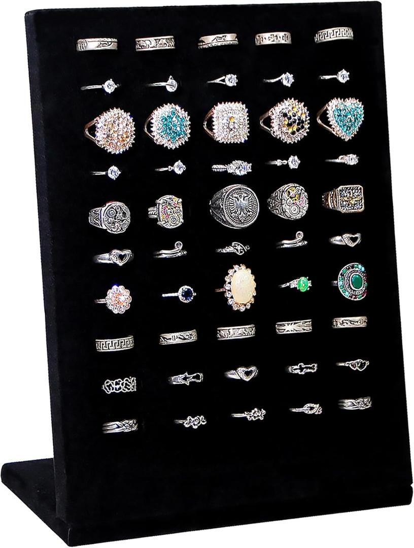Ring Display Stand, Velvet Ring Holder, 50 Slots Rings Organizer Jewelry Display Tray, L-Shaped Jewelry Organizer Stand for Rings Earrings Selling (1, Black)