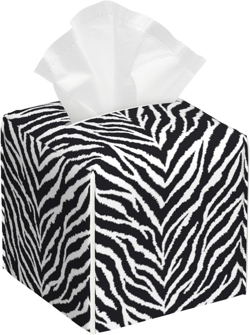 Tissue Box Holder Zebra Print Tissue Box Cover Square Leather Tissue Holder Organizer Portable Decorative Facial Paper Case for Home Office Bathroom Vanity Countertop