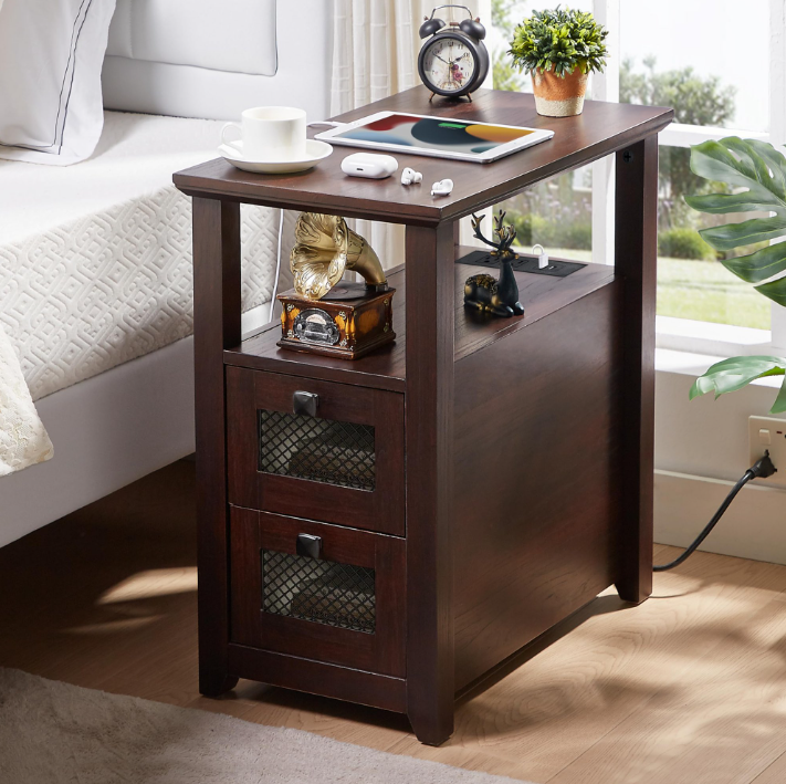 Farmhouse XXL End Table with Charging Station, Narrow Side Table with USB Ports and Outlets, Nightstand with 2 Drawers Storage, Bedside Tables for Living Room, Bedroom, Rustic Cherry
