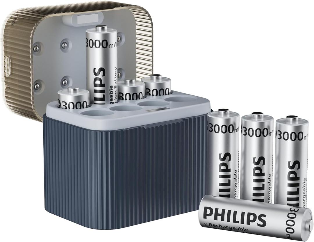 Philips Rechargeable Lithium AA Batteries with Fast Charger 8 Pack 1.5V 3000mWh High Capacity AA Batteries Constant Output Li-ion Double a Batteries Cycle Times up to 1200x