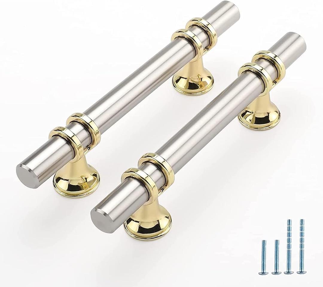 Rergy Cabinet Handles Drawer Pulls and Knobs, 5 Pack Brushed Nickel and Gold 4 inch Hole Center, Kitchen Hardware for Dresser Handle Zinc Alloy Furniture Pull