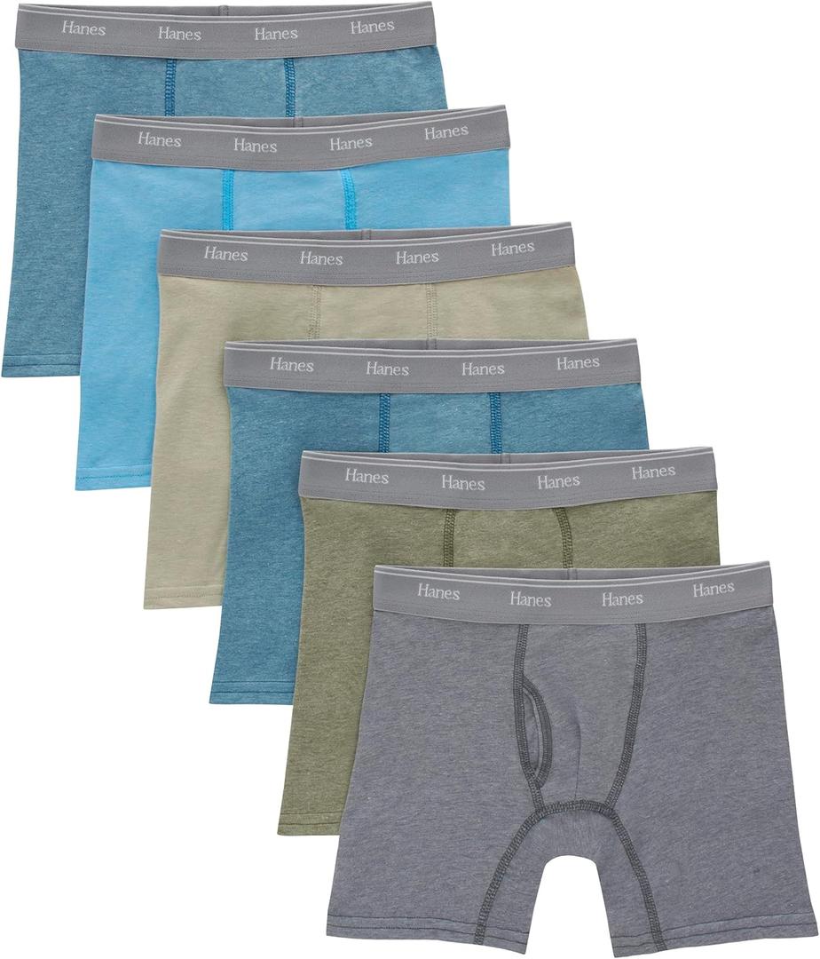 Hanes Boys' Originals Boxer Briefs, Stretch Cotton Underwear, Assorted, 6-Pack (Medium, Tan/Blue Oasis/Cargo Olive/Grey - 6 Pack)