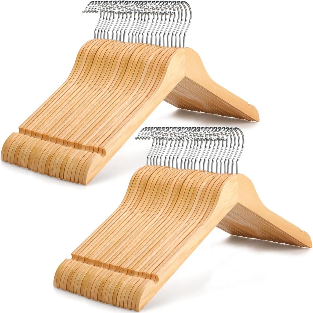 TOPIA HANGER Wooden Hangers 48 Pack, 0.28-Inch Slim & Durable Clothes Hangers Space Saving, Natural Wood Hanger with 360 Swivel Hook and Shoulder Notches for Coat, Shirt, Camisole, Dress-CT51N48