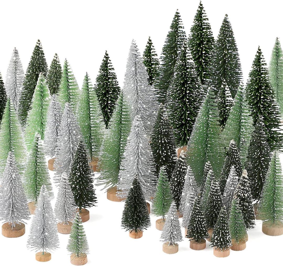 30Pcs Christmas Decorations Mini Christmas Trees, Artificial Christmas Tree Bottle Brush Trees with Wooden Base for Christmas Decor Christmas Party Home Table Craft (Silver,green)