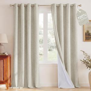 NICETOWN Linen Blend 100% Blackout Ivory Curtains for Living Room, White Liner Composite Thermal Drapes Casual & Relax Sound Reducing Window Treatments for Bedroom, W52 x L96, 2 Panels