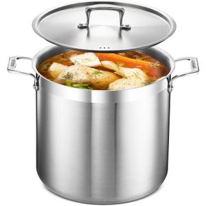 Stainless Steel Stockpot with Lid 16 Quart, Durable 18/8 Stainless Steel, Impact-Bonded Base for Even Heating, Riveted Handles, Oven & All Stove Compatible, Safe Up To 500F (260C)