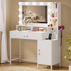 Driftalia Vanity Desk with Mirror and Lights, Makeup Vanity with Storage Drawer, Power Outlet and Large Cabinet for Bedroom - White