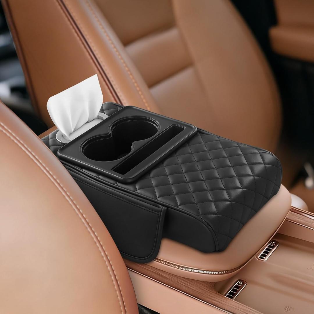 5-in-1 Car Armrest Cushion, Multifunctional PVC Leather Center Console Armrest Pillow Elbow, Universal Arm Box Pad Cover with Cup Holder, Phone Slot, Tissue Box Slot & 2 Storage Bags, Black