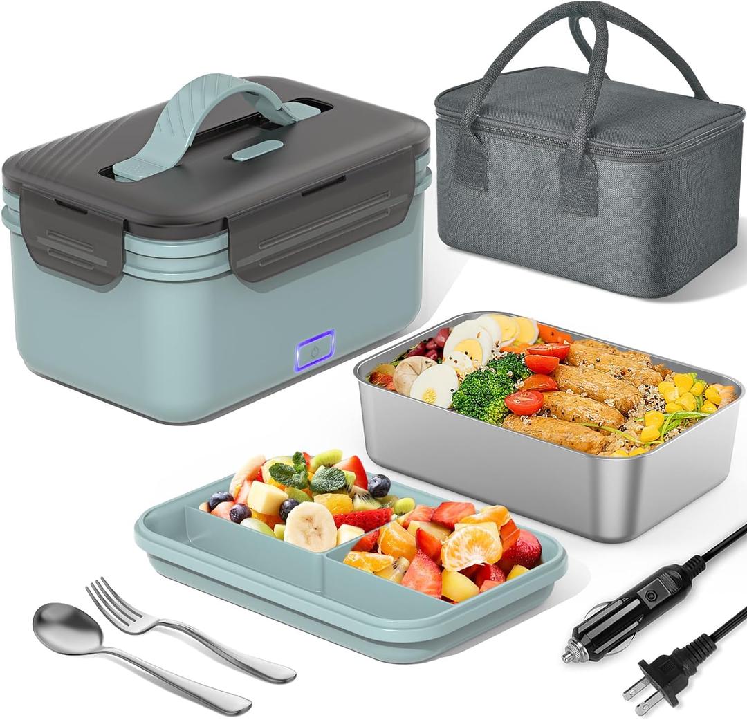 Electric Lunch Box Food Heater 100W, 4 in 1 Ultra Quick Heated Lunch Boxes for Adults 12V/24V/110V/220V Portable Food Warmer for Car/Truck/Office With Fork Spoon and Insulated Carry Bag (Mint Green)