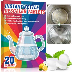 Kettle Descaler Tablet, 20 Packs Water Bottle Cleaning Tablets Removes Hard Water Buildup, Efficient Citric Acid for Kettles Cleaner, Limescale Remover Tablet for Coffee Machines, Garment Steamers