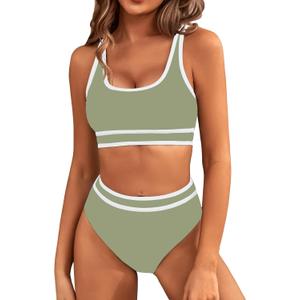 BMJL Women's High Waisted Bikini Sets Sporty Two Piece Swimsuits Color Block Cheeky High Cut Bathing Suits (Medium)