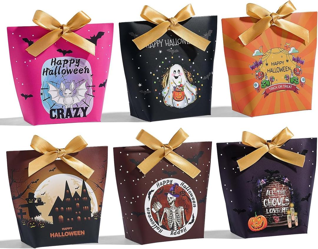 24Pcs Halloween Treat Boxes with Ribbons,6 Patterns Gift Bags for Kids Coworkers Decorations Boxes Party Favors Bags