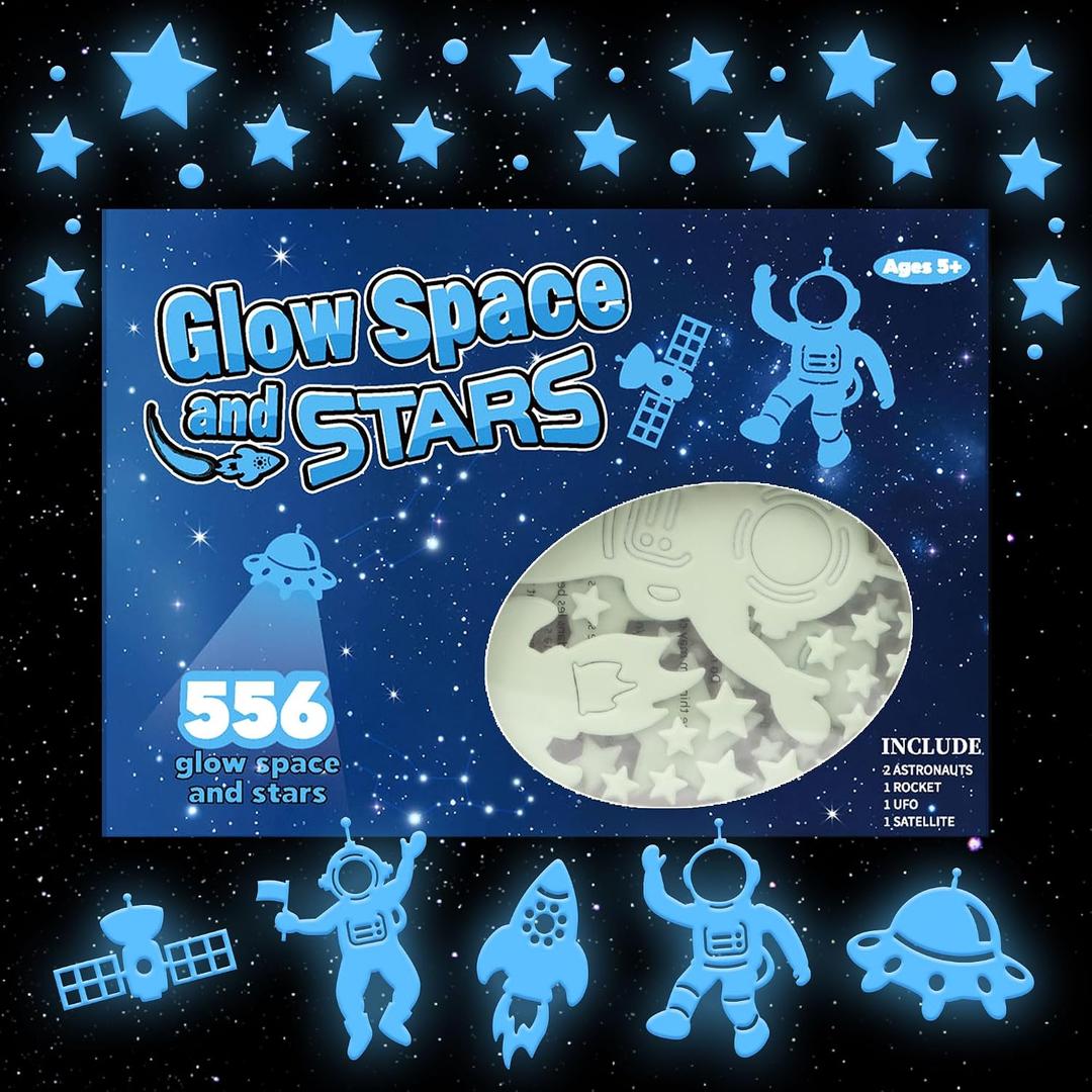 556PCS Glow in The Dark Stars for Ceiling, 3D Glow in The Dark Space Galaxy Stickers Astronaut Rocket Planet Dots Stars for Kids Room Wall Decals Ceiling Decorations Party Birthday GIF (Blue)