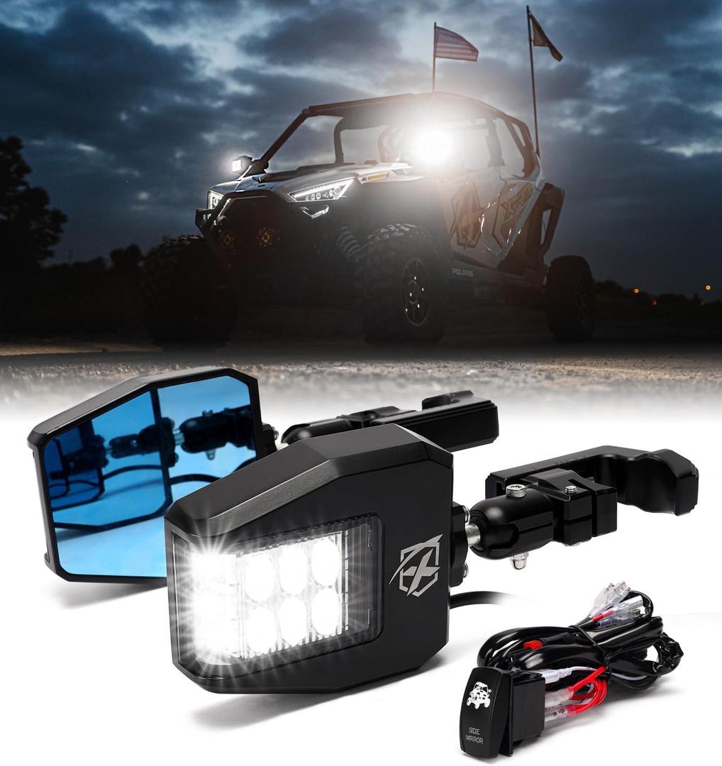 Xprite UTV Side View Mirrors Aluminum w/LED Spot Lights Clear Lens Compatible with 1.75"-2" Roll Cage Bar for Pioneer Polaris RZR SXS Can Am X3 Kawasaki Teryx Mule Yamaha Rhino Wolverine