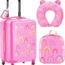 Sanwuta 4 Pcs Kids Luggage Set Carry On Rolling Suitcase Backpack Neck Pillow Travel Set Gift for Girls Boys Summer Camp(20 Inch,Rainbow Style,Pink)