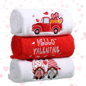 WovWeave 3 Pack Valentine's Day Bath Hand Towels Embroidered 100% Cotton 13.7 x 29.5 in Red Heart Love Bathroom Kitchen Decorations