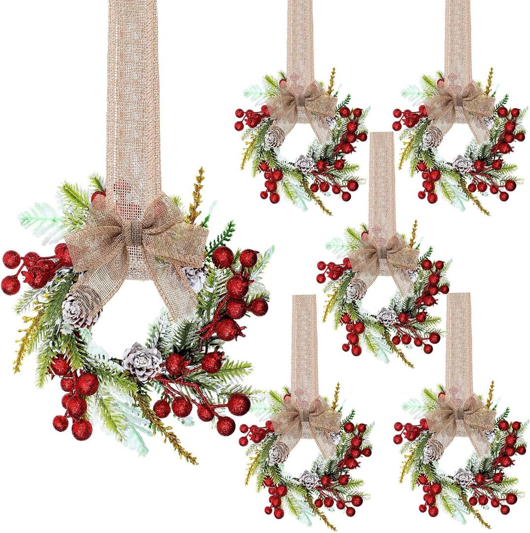 Zeyune 6 Set 9'' Mini Christmas Wreaths for Cabinets Real Touch Small Christmas Wreaths with Burlap Ribbon and Red Berry Rustic Farmhouse for Kitchen Wall Window Indoor Outdoor Chair Fireplace Decor