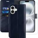 MONASAY Wallet Case Compatible for iPhone 16 5G,[Glass Screen Protector Included] [RFID Blocking] Flip Folio Leather Cell Phone Cover with Credit Card Holder, 6.1-inch, Blue