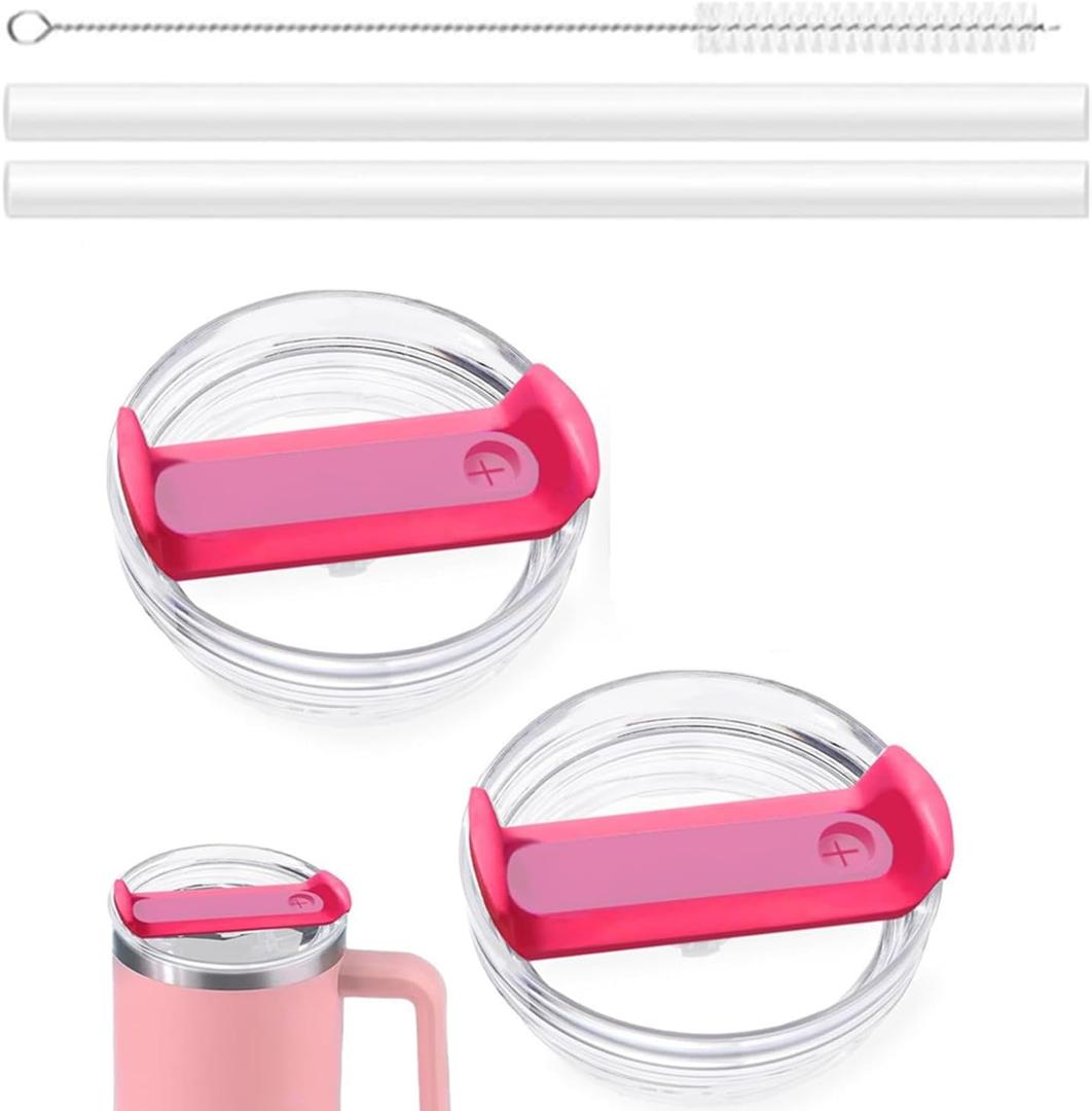 30 OZ Tumbler Lid Replacement for Stanley Cup, 2 Pack Flip Straw Replacement Lids with 2 Straws for 30 OZ Tumbler, Spill Proof Tumbler Lids for Stanley Cup (Clear - Hot Pink)
