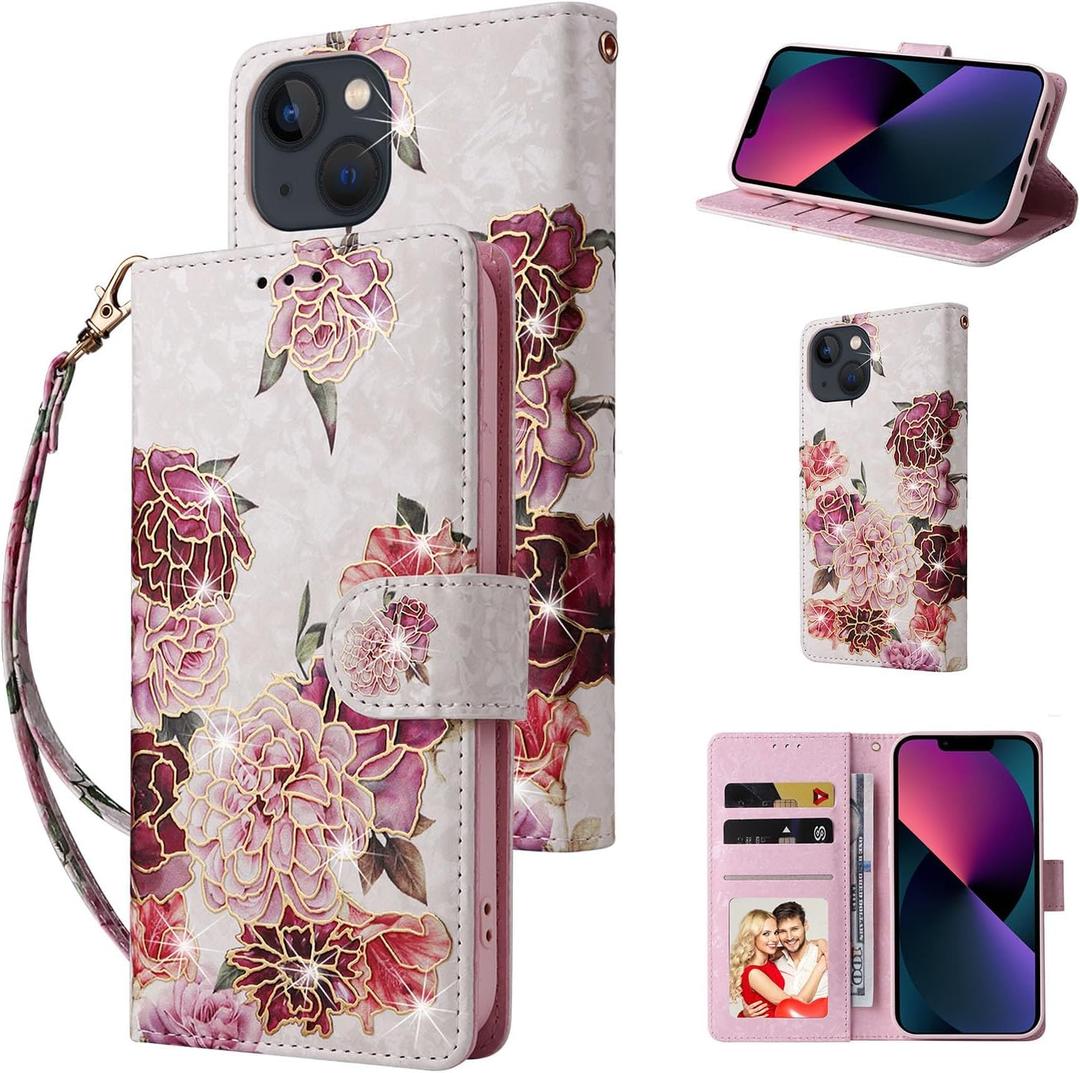 UEEBAI Wallet Case for iPhone 13, PU Leather Phone Cover Kickstand RFID Blocking Flip Case Card Slots Wrist Strap Relief Engraved Pattern Magnetic Closure Flower Folio Wallet, White Flower
