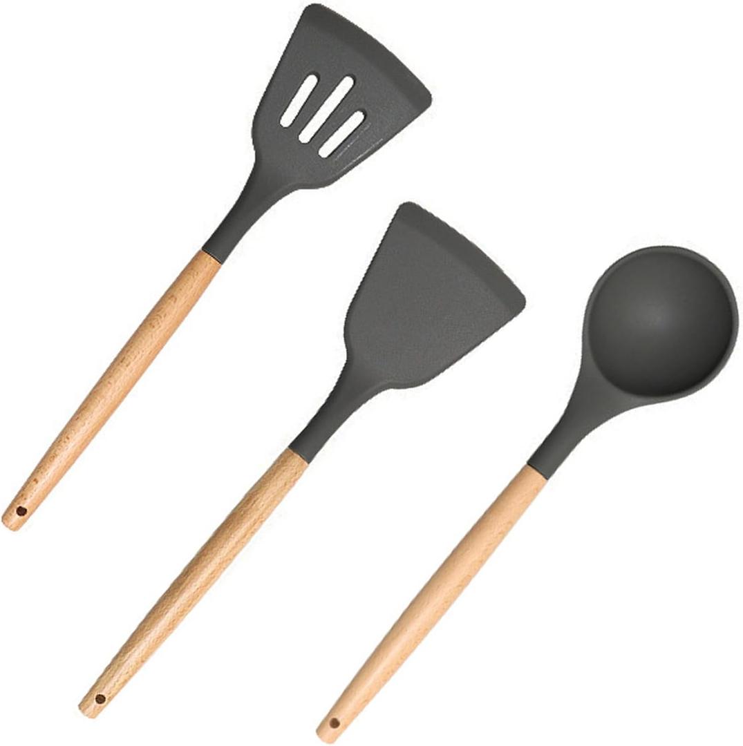 3 Pack Kitchen Utensils Set, Non-stick Large Solid Spatulas Spoons Turners,Silicone Cooking Utensils Set with Heat Resistance (Black) (Dark)
