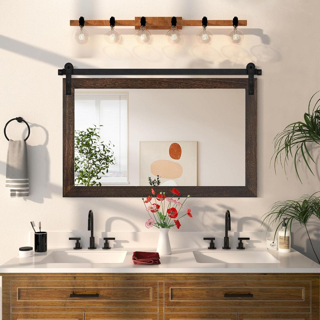 COGOOD Farmhouse Bathroom Mirror - 49" x 30" Rustic Barn Door Mirror for Living Room, Entryway, Bedroom, Vanity Wall Decor (Black Brown)