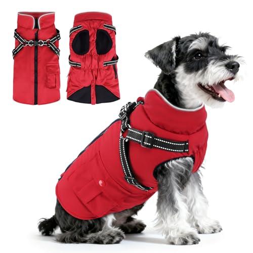 Dog Winter Coat with Harness Built-in | Waterproof Dog Jacket with Zipper & Fleece Lining | Reflective Cold Weather Coat for Small Medium Dogs S/M