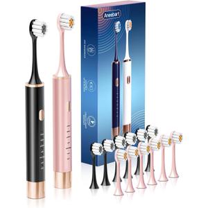 Aneebart Black & Pink Electric Toothbrush for Adults, 2 Pack ToothbrushUSB Rechargeable Sonic Toothbrush with 12 Brush Heads, Smart Timer, 6 Modes, 2-Hour Fast Charge Last 30 Days
