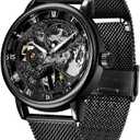 Men's Skeleton Mechanical Roman Numeral Mesh Strap Watch, Hand Winding Mechanical Mesh Luminous Waterproof Watch for Men (WIN067-black)