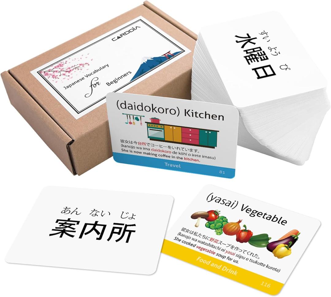 Japanese Vocabulary Flash Cards for Beginners (with Illustrations and Example Sentences), Standard Playing Card Size, Sturdy, Water Resistant