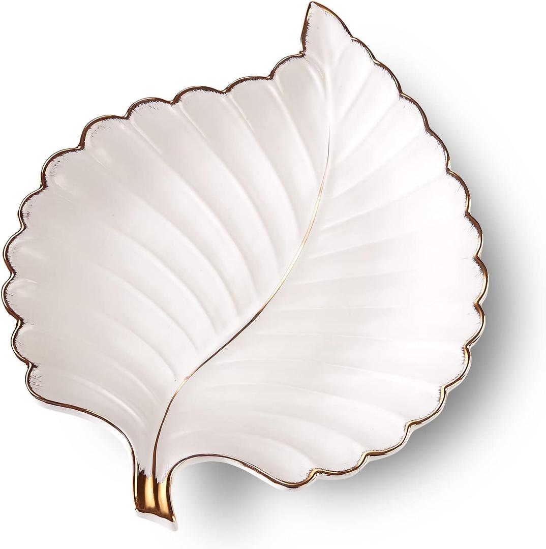 Ceramic Jewelry Trays Trinket Dish Ring Dish Ceramic Candy Plate Snack Plate Leaf Shaped Dish (White, Medium) (10.5" x 8" x 1.2")
