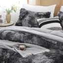 Smoofy Fluffy Queen Comforter Set, Faux Fur Comforter Set Queen Size, Luxury Fuzzy Bedding Set, Soft Shaggy Bed Set for All Season, 3 Pieces - 1 Comforter & 2 Pillowcases, Tie-Dye Grey