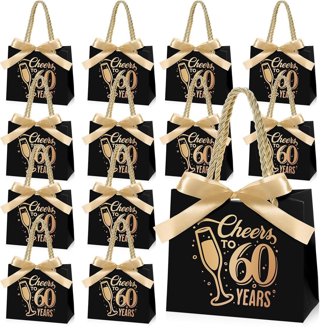 Clysee 25 Pcs Mini Birthday Gift Bags with Handles Black and Gold Party Favor Bags Bulk for Birthday Wedding Anniversary Supplies Decorations, 5.51 x 2.36 x 4.72 Inches (Cheers to 60)