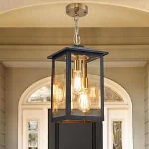 3-Lights Large Outdoor Pendant Light with Clear Glass,17Inch Ht Exterior Hanging Lantern with Textured Black,Suit for Damp LocationsEasily Installed on Your Porch & Patio Yard Garden.
