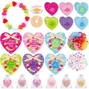 Kigeli 24 Set Mother's Day Bracelet Crafts with Colorful Heart Cards and Beads Mom Letter Beads Organza Bags Satin Ribbon for Mother's Day Party Handcrafted Personalized Gifts Jewelry Family Activity