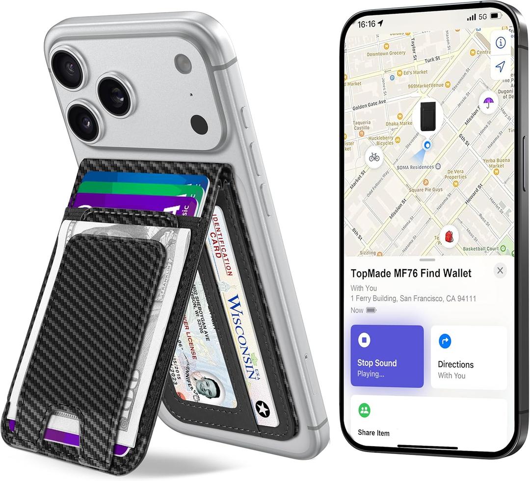 TopMade for MagSafe Wallet with Money Clip, Works with Apple Find My, Magnetic Wallet for iPhone 17/16/15/14/13/12 Series, for iPhone Wallet Stand with Finder Tracker, Black Carbon Fiber