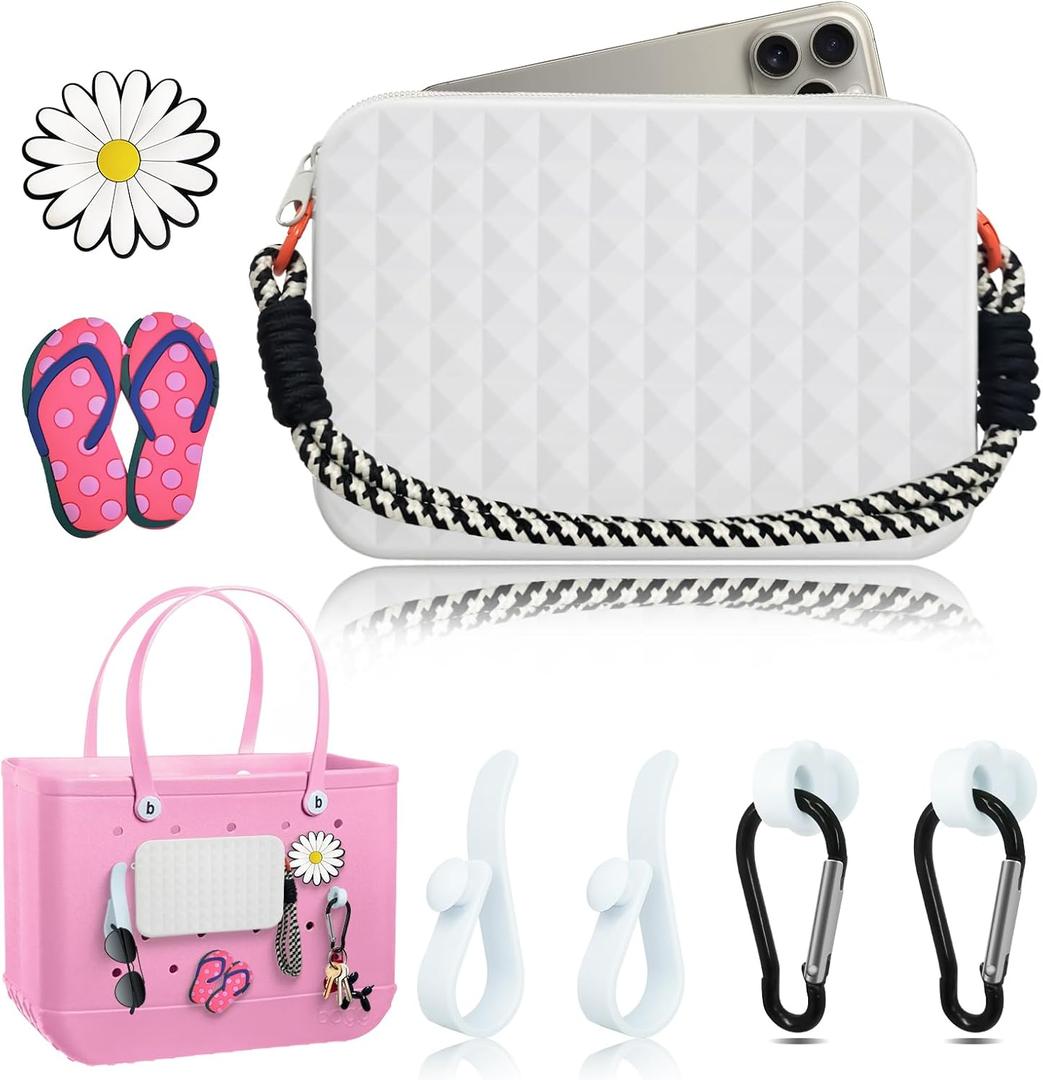 Silicone Phone Holder for Bogg Bag Accessories Inserts,Daisy Slipper Charms for Bogg Beach Bag Accessories,Bogg Organizer Wallet Pouch with Zipper,4pcs Hooks Clips Set for Simply Modern Bag (Gray)